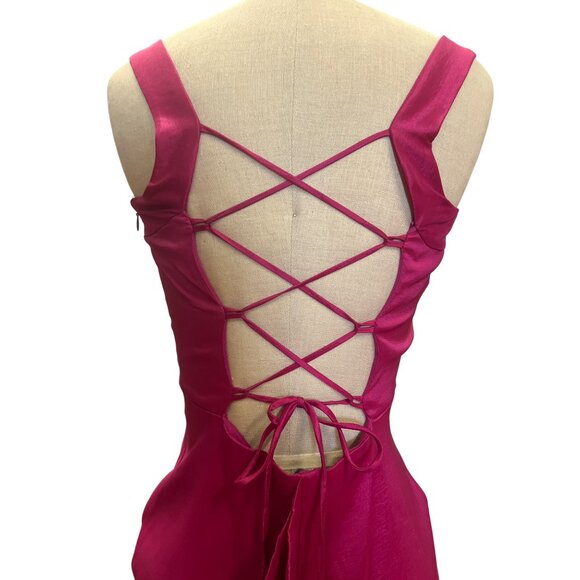 Jump Apparel Pink Dress Fuchsia Satin Gown With Lace-Up Back Sleeveless Ruffle D - Picture 5 of 12